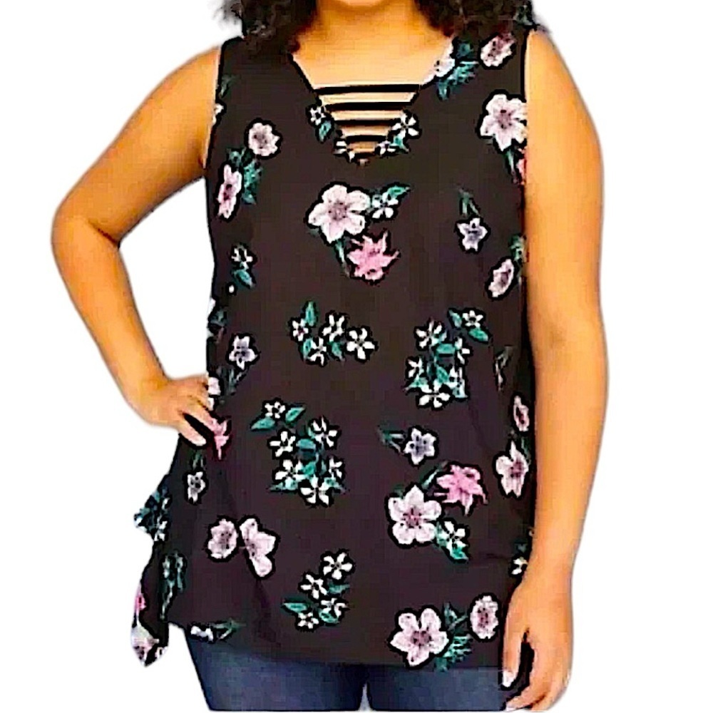 Lane Bryant Sleeveless Floral Blouse With‎ Cutout V-Neckline & Flared Sides 18
